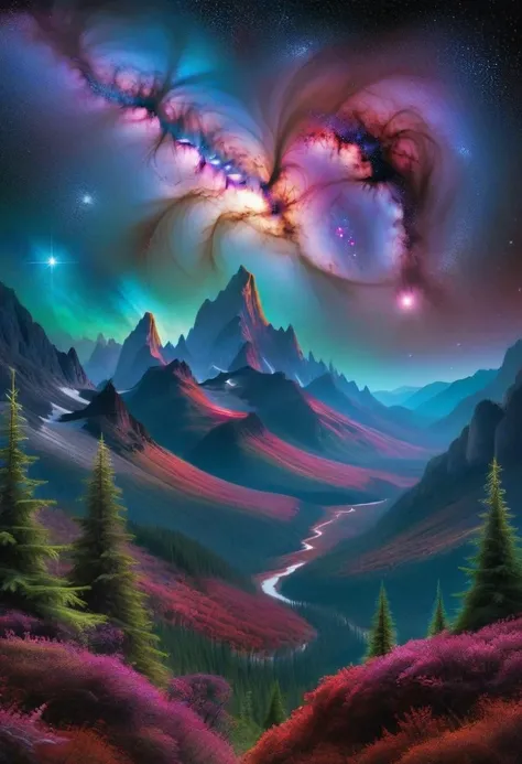 Beneath a velvet sky, iridescent nebulas swirl in a cosmic ballet, stars twinkling like ancient secrets. Majestic mountains rise, their peaks dusted silver, while shimmering forests stretch beyond, leaves aglow with inner light. At the heart, a radiant vortex of light and energy dances, an eternal, awe-inspiring spectacle.

















