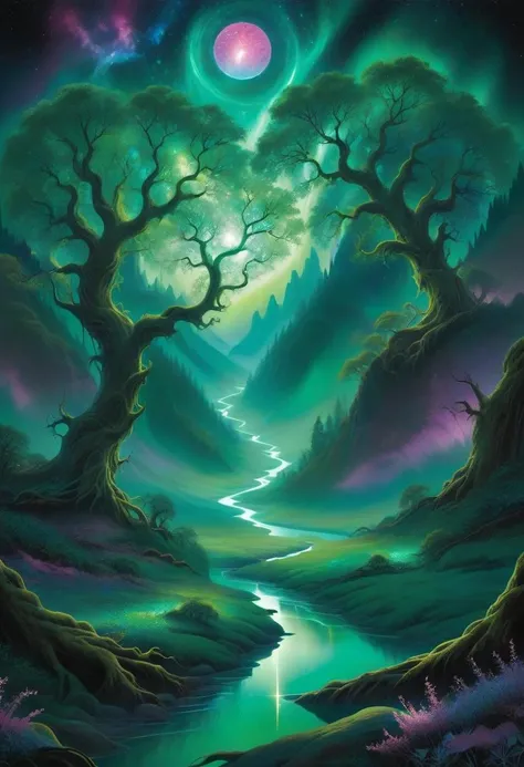 Under a tapestry of radiant stars, a surreal landscape unfolds with crystalline rivers snaking through emerald valleys. Ethereal trees shimmer with spectral light, casting otherworldly shadows. In the midst, a luminous orb pulses, its heart a mesmerizing fusion of color and motion, captivating all who witness its sublime beauty.











