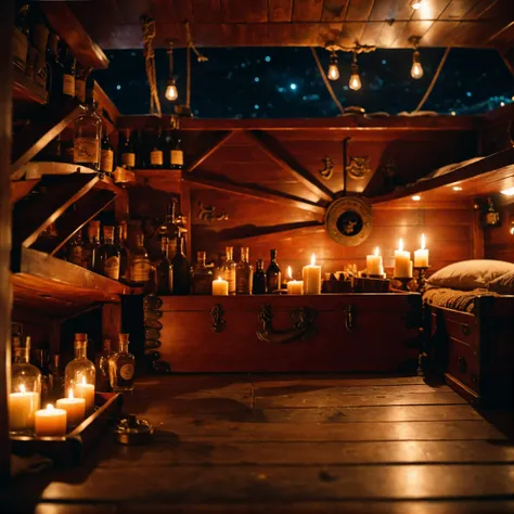 cinematic photo bedroom on a pirate ship,lower decks,,comfy,candles,( rum bottles on floor:1.1), dirty after party, treasure box in back of room on floor . 35mm photograph, film, bokeh, professional, 4k, highly detailed