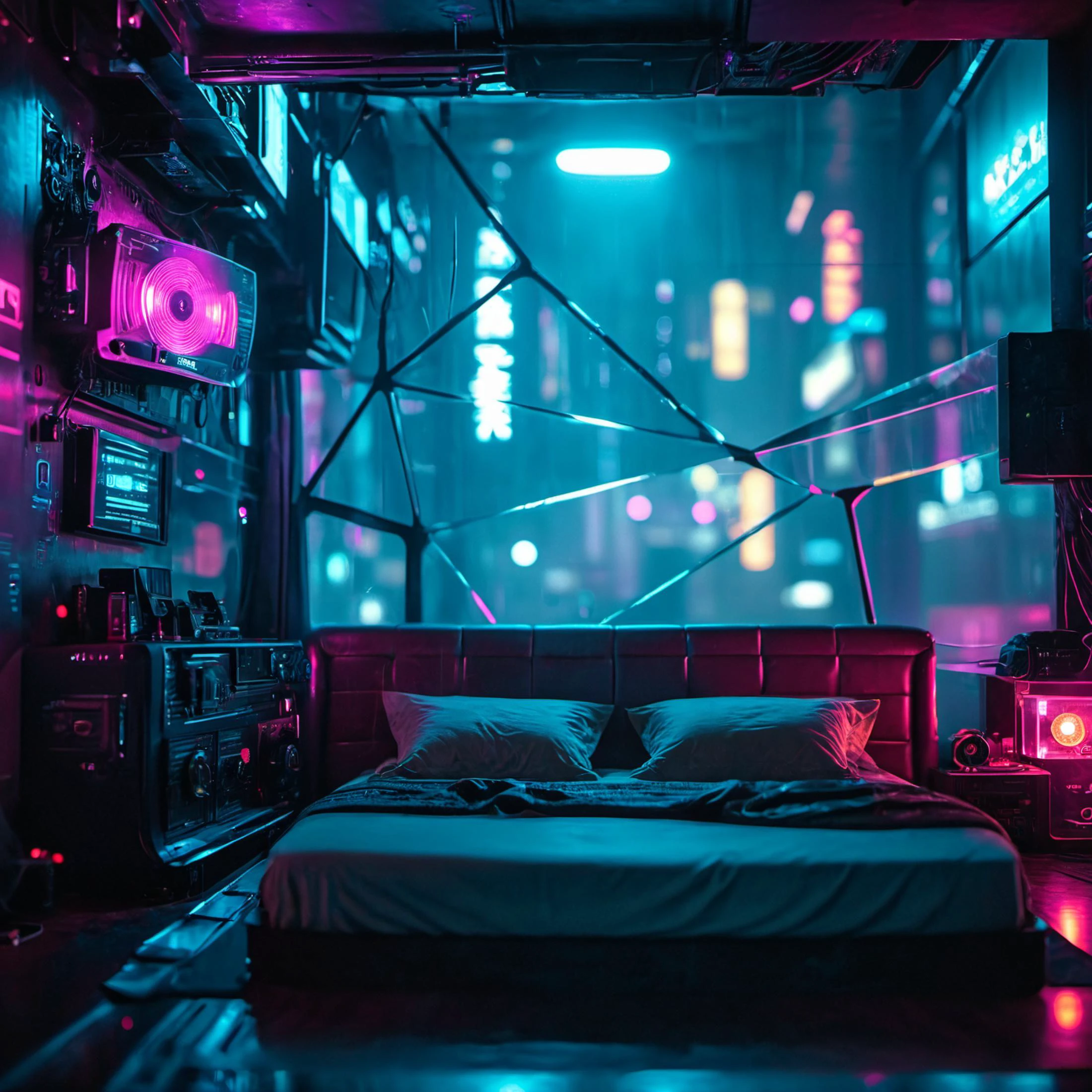 cinematic photo a cool cyberpunk bedroom interior, <lora:CyberpunkMJXL:0.75> . 35mm photograph, film, bokeh, professional, 4k, highly detailed