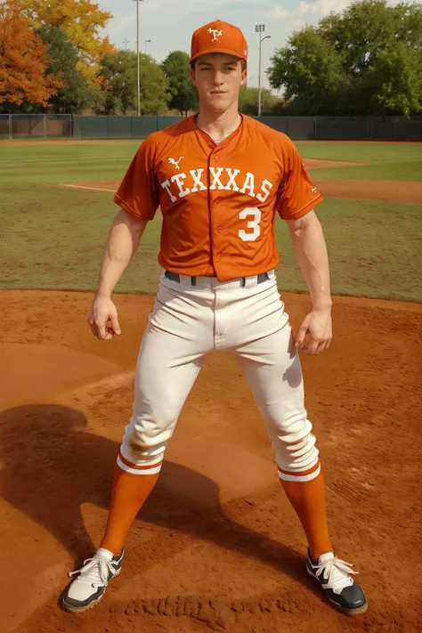 outdoor baseball field, standing at first base, MichaelRed is a baseballplayer, (Texas Longhorns baseball uniform), wearing burnt orange baseball uniform, burnt orange jersey, (white pants), (burnt orange socks) stirrups, burnt orange baseball cap, (baseball mitt), (((full body portrait))), wide angle <lora:MichaelRed:0.8> <lora:Clothing - Sexy Baseball Player:0.7> "TEXAS"