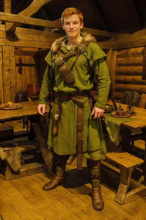 VikInt, medieval viking home, primitive furniture, table and bench, standing by the fire, MichaelRed, norsemenclothes, green tunic, fur cloak, belt, brown pants, leather vambraces, slight smile, (((full body portrait))), wide angle,  <lora:MichaelRed:0.8>  <lora:NorseMenClothes:0.7> <lora:VikingInterior:0.8>  <lora:VikingArmor:0.15>