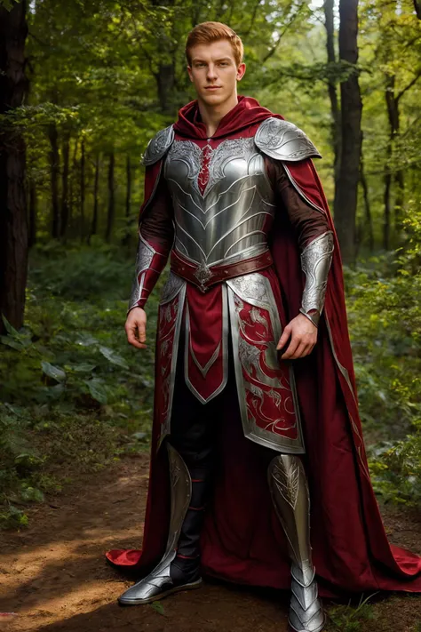 (full body), male focus, photo of MichaelRed, realism, forest background, dynamic pose, wearing intricate (carmine red and silver) armor, breastplate, belt, embroidered cloak, elar, <lora:MichaelRed:0.8> , heroic posing, relaxed natural expression, elar, <lora:ElvenArmor-10:0.6>, professional light, cinematic lighting, fashion photography, ambient lighting, <lora:add_detail:0.3>