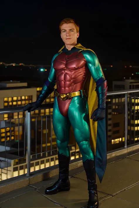 evening, rooftop ledge of building, cityscape below, confident MichaelRed is dressed as Robin in ( Batman Forever), metallic sheen, Forever, green arms, Forever2, nipples, cape, yellow belt, muscled outfit red, Br, green legs, red crotch, (((full body portrait))), (full body), wide angle, <lora:MichaelRed:0.8><lora:Robin:0.8>