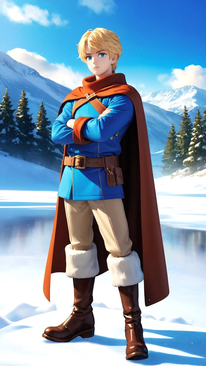 masterpiece,best quality,8K,official art,ultra high res,1boy,crossed arms,male focus,solo,blonde hair,blue eyes,cape,boots,standing,full body,brown footwear,short hair,belt,thick eyebrows,snow,in winter,