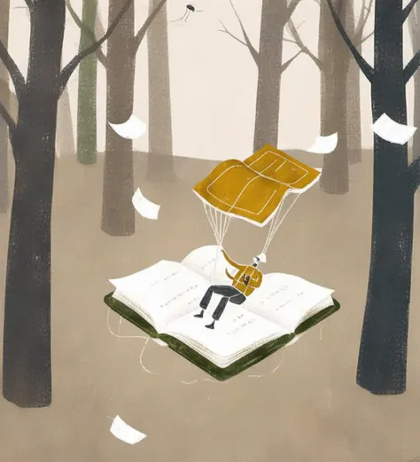 illustration,man,parachute,books,surreal,artistic,minimalistic,abstract,trees,forest,outdoors,paper,falling,reading,adventure,sketch,muted colors,earthy tones,imaginative,whimsical,forest,landscape,storytelling,creativity,simple shapes,textures,fantasy,escapism,literary,soft light,creative concept,
<lora:æ²»æ-000009:0.8>,
