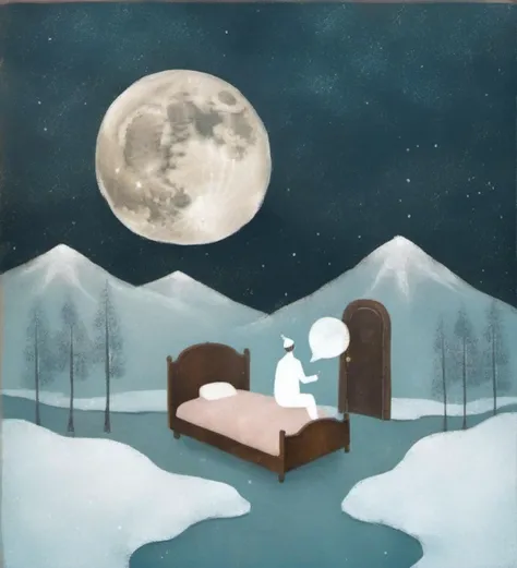surreal art,winter landscape,snow,forest background,mountains,full moon,night sky,cityscape,dreaming person,bed,sleep,pajamas,vintage painting,muted colors,imaginative,dreamy,illustration,atmospheric,whimsical,solitude,reflective,night time,mixed media,contrast,thought bubble,fantasy.,<lora:æ²»æ-000009:0.8>,