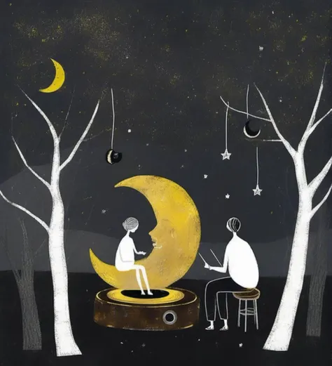 illustration,night scene,moon,crescent moon,stars,white trees,bare branches,two people,sitting,listening to music,vinyl record player,surreal,whimsical,dreamy,dark background,yellow accents,minimalist,abstract,fantasy,hand-drawn,texture,muted colors,simple shapes,peaceful,serene,storytelling.,
<lora:æ²»æ-000009:0.8>,