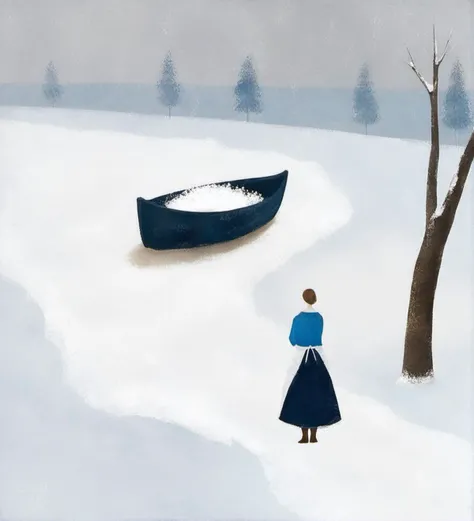 winter landscape,snow-covered ground,lone wooden boat,solitary figure,back view,woman,blue top,white apron,long dark skirt,standing,trees in distance,snowy scene,minimalist,muted colors,atmospheric,serene,fine art,painting,textured brushwork,soft focus,cool tones,countryside,isolated setting,tranquil atmosphere,
<lora:æ²»æ-000009:0.8>,