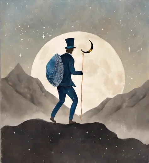 illustration,man,top hat,carrying sack,crescent moon staff,mountains,night sky,stars,mystical,blue tones,vintage feel,outdoor setting,detailed,solitary figure,adventure,journey,fantasy,dark color palette,textured background,magical realism.,<lora:æ²»æ-000005:0.8>,