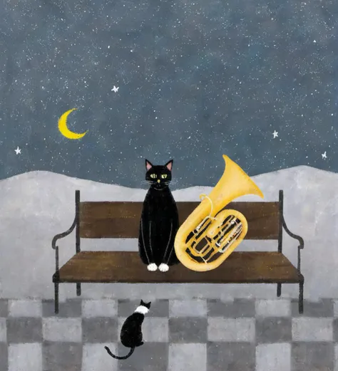 man, tuba, cat, bench, night sky, stars, moon, illustration, surreal, musical instrument, black cat, cloudy background, dreamy, imaginative, sitting, artistic, whimsical, fantasy, hat, gray floor, checkered pattern, subtle colors, serene, outdoors, contemplative atmosphere,<lora:æ²»æ-000009:0.8>,