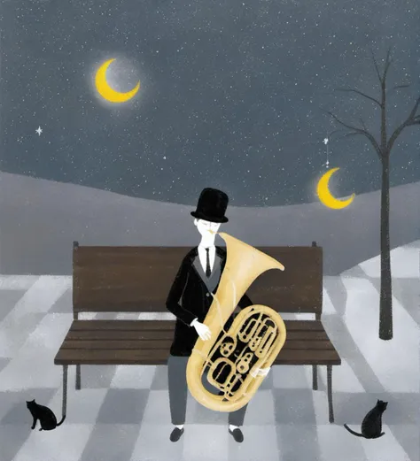 man,tuba,cat,bench,night sky,stars,moon,illustration,surreal,musical instrument,black cat,cloudy background,dreamy,imaginative,sitting,artistic,whimsical,fantasy,hat,gray floor,checkered pattern,subtle colors,serene,outdoors,contemplative atmosphere,
<lora:æ²»æ-000009:0.8>,