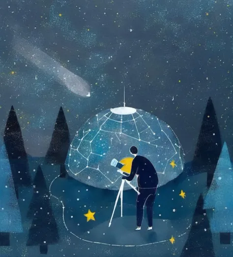 starry sky,constellations,night scene,forest,pine trees,dark,blue tones,dome,observer,telescope,space,astronomy,star-gazing,artistic,illustration,textured,whimsical,camping,science,exploration,observation,nature,nighttime,galaxy,cosmos,celestial,dreamy,peaceful,surreal,nocturnal,art style,moon,solitude,serenity,outdoor setting,cosmic wonder.,
<lora:æ²»æ-000009:0.8>,