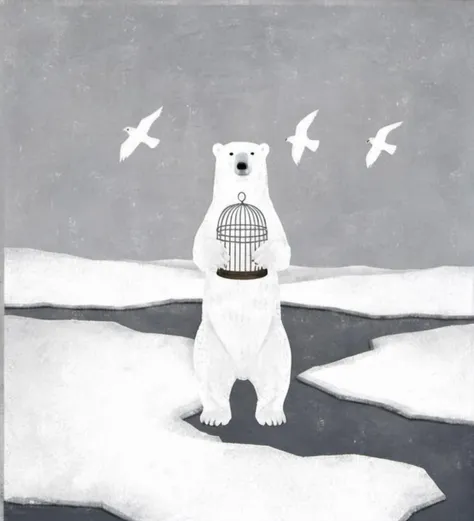 polar bear,holding birdcage,Arctic,ice,snow,winter,frozen landscape,minimalist art,surreal,white and grey tones,isolation,loneliness,calm,feathers,conceptual,wildlife,standing,cold,simple composition,muted colors,smooth texture,contemplative,nature,environment,climate change,solitude,snowy background,<lora:æ²»æ-000009:0.8>,