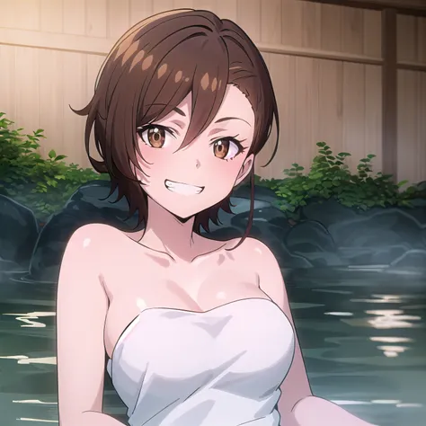 best quality, (masterpiece:1.2), highly detailed, onsen,
1girl, <lora:chara_GATEJietai_KuribayashiShino_v1:0.8>, kuribayashi shino,
laying, grin, looking at viewer,
brown eyes, brown hair, short hair, naked towel,