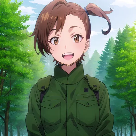 best quality, (masterpiece:1.2), highly detailed, day, forest,
1girl, solo, <lora:chara_GATEJietai_KuribayashiShino_v1:1>, kuribayashi shino,
standing, open mouth, smile, looking at viewer,
brown eyes, brown hair, short hair, side ponytail, military uniform