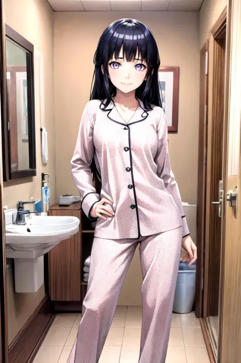 (masterpiece, best quality, detailed), 1girl, solo, looking at viewer, <lora:Hinata Hyuga:0.8>, long hair, black hair, pajamas, morning hair, sleepy, ahoge, messy hair, indoors, bathroom, tiles, contrapposto, legs apart, head tilt, hip focus, purple eyes, empty eyes, (toilet), sink, hand on own hip, arm at side, light smile, closed mouth