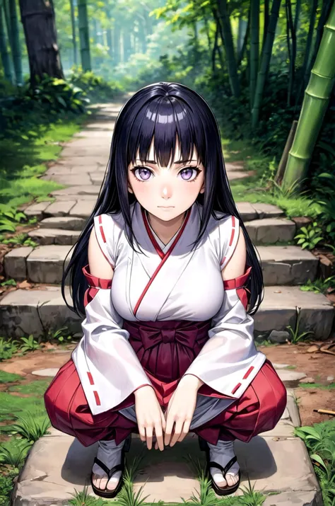 (masterpiece, best quality, detailed), 1girl, solo, looking at viewer, <lora:Hinata Hyuga:0.8>, long hair, black hair, miko, japanese clothes, red hakama, white kimono, ribbon trim, detached sleeves, outdoors, stairs, stone stairs, tree, bamboo forest, squatting, peace sign, hand up, spread legs, from above, purple eyes, empty eyes, wide sleeves, hakama skirt, hip vent, closed mouth