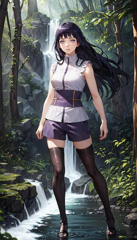 photorealistic, (4k), depth of field, (Masterpiece), (realistic skin texture), extremely detailed, intricate, hyper detailed, professional photography, bokeh, high resolution, sharp detail, best quality, girl, long hair, black hair, purple eyes, empty eyes, purple japanese clothes, obi, sleeveless, purple shorts, thighhighs, <lora:GoodHands-vanilla:0.4>, <lora:detail_slider_v4:0.8> ,  <lora:Hinata Hyuga-000004:0.8>, dynamic pose, (crossed ankles), waterfall, jungle tropical forest, vines, light rays,