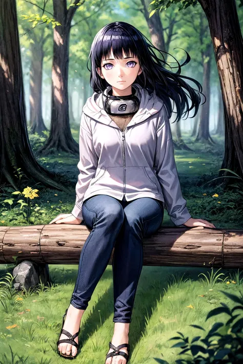 (masterpiece, best quality, detailed), 1girl, solo, looking at viewer, <lora:Hinata Hyuga:0.8>, long hair, black hair, purple hooded jacket, headband around neck, konohagakure symbol, blue pants, outdoors, forest, nature, tree, falling leaves, leaf, wind, sitting, crossed legs, full body, grass, rock, sitting on rock, purple eyes, empty eyes, closed mouth