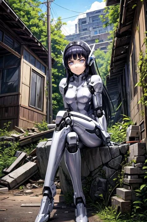 (masterpiece, best quality, detailed), 1girl, solo, looking at viewer, <lora:Hinata Hyuga:0.8>, long hair, black hair, <lora:mecha_offset:0.8>, bodysuit, (mechanical parts), (robot joints), headgear, ruins, outdoors, overgrown, post-apocalypse, sitting, crossed legs, purple eyes, empty eyes, building, rock, sitting on rock, serious, v-shaped eyebrows, closed mouth