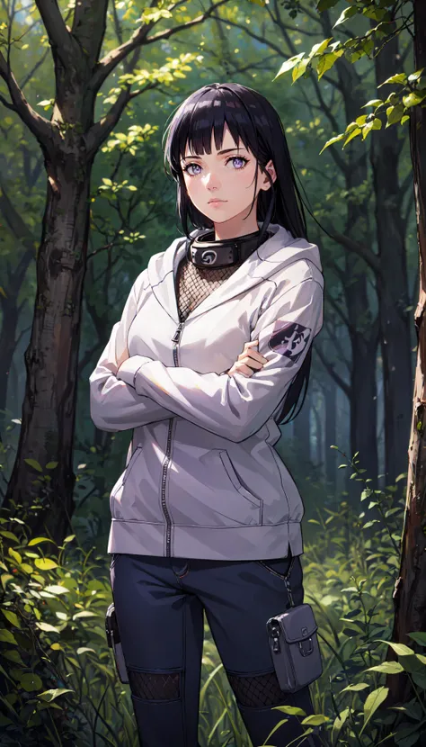 photorealistic, (4k), depth of field, (Masterpiece), (realistic skin texture), extremely detailed, intricate, hyper detailed, professional photography, bokeh, high resolution, sharp detail, best quality, girl, long hair, black hair, purple eyes, empty eyes, purple hooded jacket, headband around neck, konohagakure symbol, blue pants, fishnets, <lora:GoodHands-vanilla:0.4>, <lora:detail_slider_v4:0.8> ,  <lora:Hinata Hyuga-000004:0.8>, dynamic pose, (arms crossed), deep forest, tall grass, oak trees, closed hoodie,