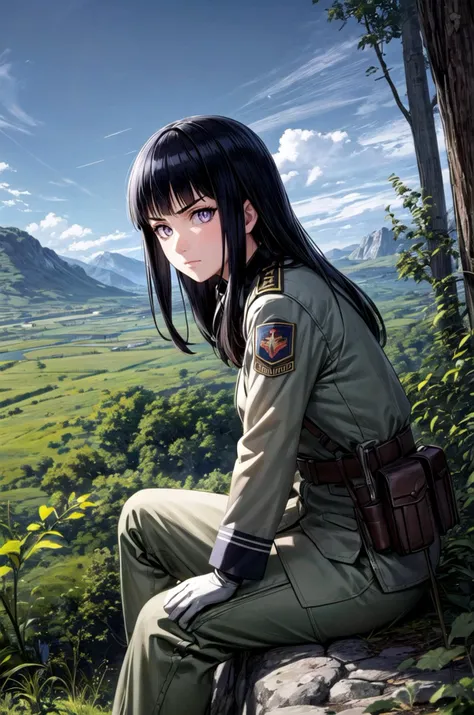 (masterpiece, best quality, detailed), 1girl, solo, looking at viewer, <lora:Hinata Hyuga:0.8>, long hair, black hair, soldier, military, long sleeves, military uniform, camouflage, combat helmet, helmet, ruins, outdoors, overgrown, sitting, from side, crossed legs, hand between legs, gloves, pants, belt, cloudy sky, rock, sitting on rock, purple eyes, empty eyes, serious, v-shaped eyebrows, closed mouth