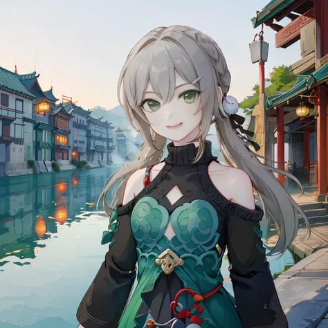1girls, official, green eyes, smile, Chinese style buildings , ancient town , lake, bridge, quiet atmosphere, beautiful light <lora:StarRail_Qingque_AP_v1:1>