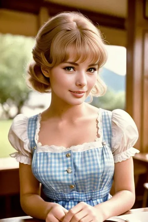 VivB4c_V1C_TXX, (flawless skin), (natural light), (high quality photography), (intricate details), (8k), (HDR), (sharp focus), (1960s ambience:1.2), posing for photo in a noble restauant, wearing a blue/white checked Bavarian dirndl, view from side