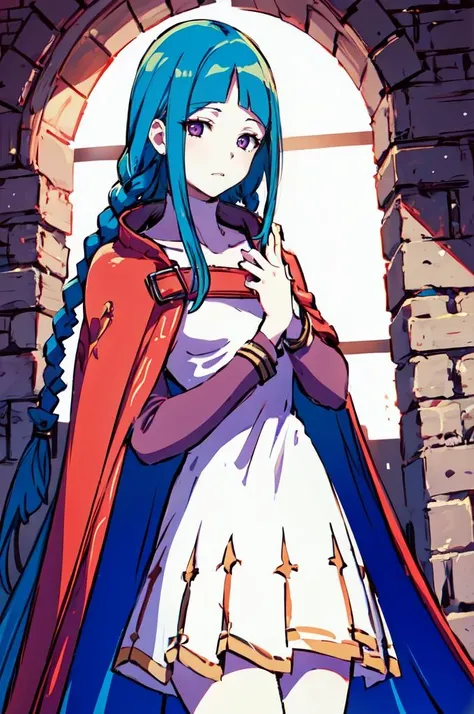 ultra detailed, masterpiece, best quality, solo, cowboy shot,
<lora:memeMMM:0.8> memeMMM, purple eyes, blue hair, long hair, <lora:ovelia-nvwls-v1:0.85> ovelia atkascha, twin braids, red cape, white dress,