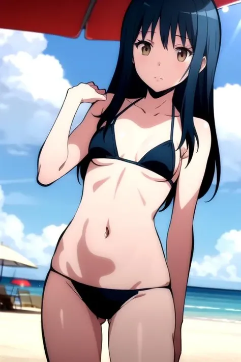 masterpiece, highres, 1girl, <lora:YukikoKanzakiR4:0.7>, black hair, brown eyes, bikini, beach, sky, sunny, long hair