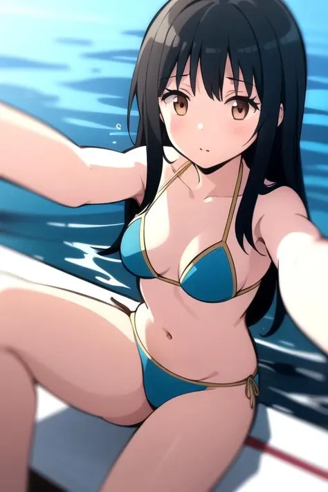 masterpiece, highres, 1girl,   <lora:YukikoKanzakiR4:0.7>, black hair, brown eyes, bikini, sky, sunny, long hair, at sea,on top of a float