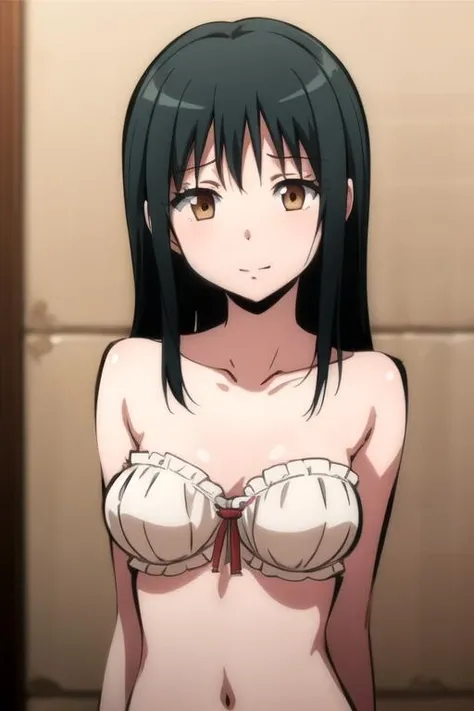 masterpiece, highres, 4k, 1girl, upper body, <lora:YukikoKanzakiR4:0.7>,YukikoKanzakiR4, brown eyes, black hair, long hair, <lora:High-end strapless tempting sexy ancient style lingerie(73):0.7>,High-end strapless tempting sexy ancient style lingerie(73)
