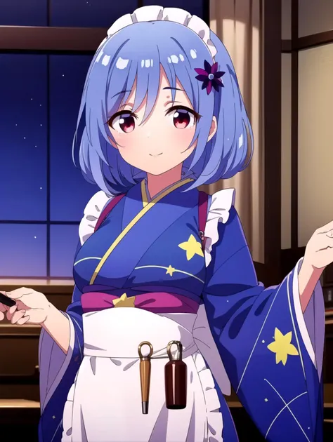 Tanabata, Frilled sleeves, apron, masterpiece, best quality, Solo, <lyco:houkiboshi:0.9>, sleeves, Red eyes, blue hair, Blue japanese clothes