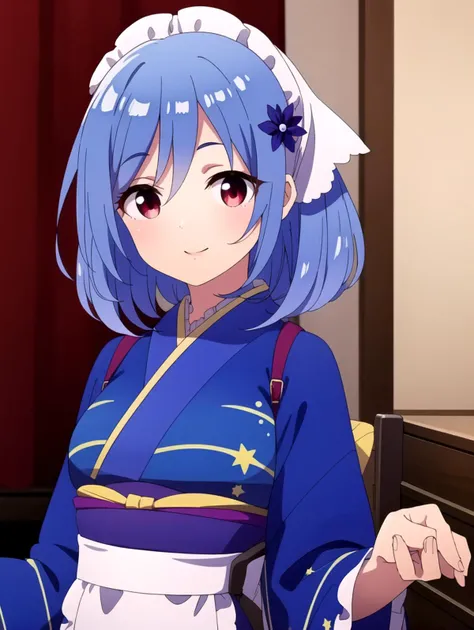 Frilled sleeves, (apron:0.9), masterpiece, best quality, Solo, <lyco:houkiboshi:0.9>, sleeves, Red eyes, blue hair, Blue japanese clothes