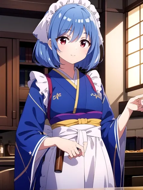 Frilled sleeves, (apron:0.9), masterpiece, best quality, Solo, <lyco:houkiboshi:0.7>, sleeves, Red eyes, blue hair, Blue japanese clothes