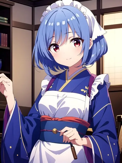 Frilled sleeves, (apron:0.9), masterpiece, best quality, Solo, <lyco:houkiboshi:0.7>, sleeves, Red eyes, blue hair, Blue japanese clothes