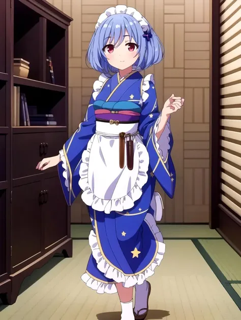 Full body, Frilled sleeves, (apron:0.9), masterpiece, best quality, Solo, <lyco:houkiboshi:1.0>, sleeves, Red eyes, blue hair, Blue japanese clothes