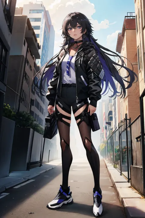 (masterpiece, best quality:1.2), full body, solo, 1girl, vtkoko, expressionless, looking at viewer, standing, black jacket, black pants, black footwear, choker, scenery, city, building <lora:kamitsubaki_koko:1.0>