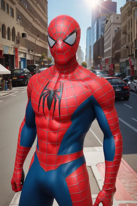 in a city with a lot of buildings and cars in the background, with a city street in the foreground,
blue and red suit,bodysuit, fishnet bodysuit, fishnets,spider web print,
<lora:Spiderman-KK77-V1:0.7>,spider man,
1 Man, looking at viewer,
NSFW,official art,extremely detailed CG unity 8k wallpaper, perfect lighting,Colorful, Bright_Front_face_Lighting,
(masterpiece:1.0),(best_quality:1.0), ultra high res,4K,ultra-detailed,
photography, 8K, HDR, highres, absurdres:1.2, Kodak portra 400, film grain, blurry background, bokeh:1.2, lens flare, (vibrant_color:1.2)