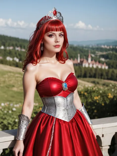 detailed raw photo, realistic, photorealistic, beautiful scarlet haired woman, red eyes, wearing armored strapless crimson dress with silver details, makeup, red eye shadow, detailed eyes, beautiful, long straight hair, bangs, jewelry, medieval, queen, goddess, highly detailed, masterpiece, vivid colors, outdoors, (fantasy landscape)