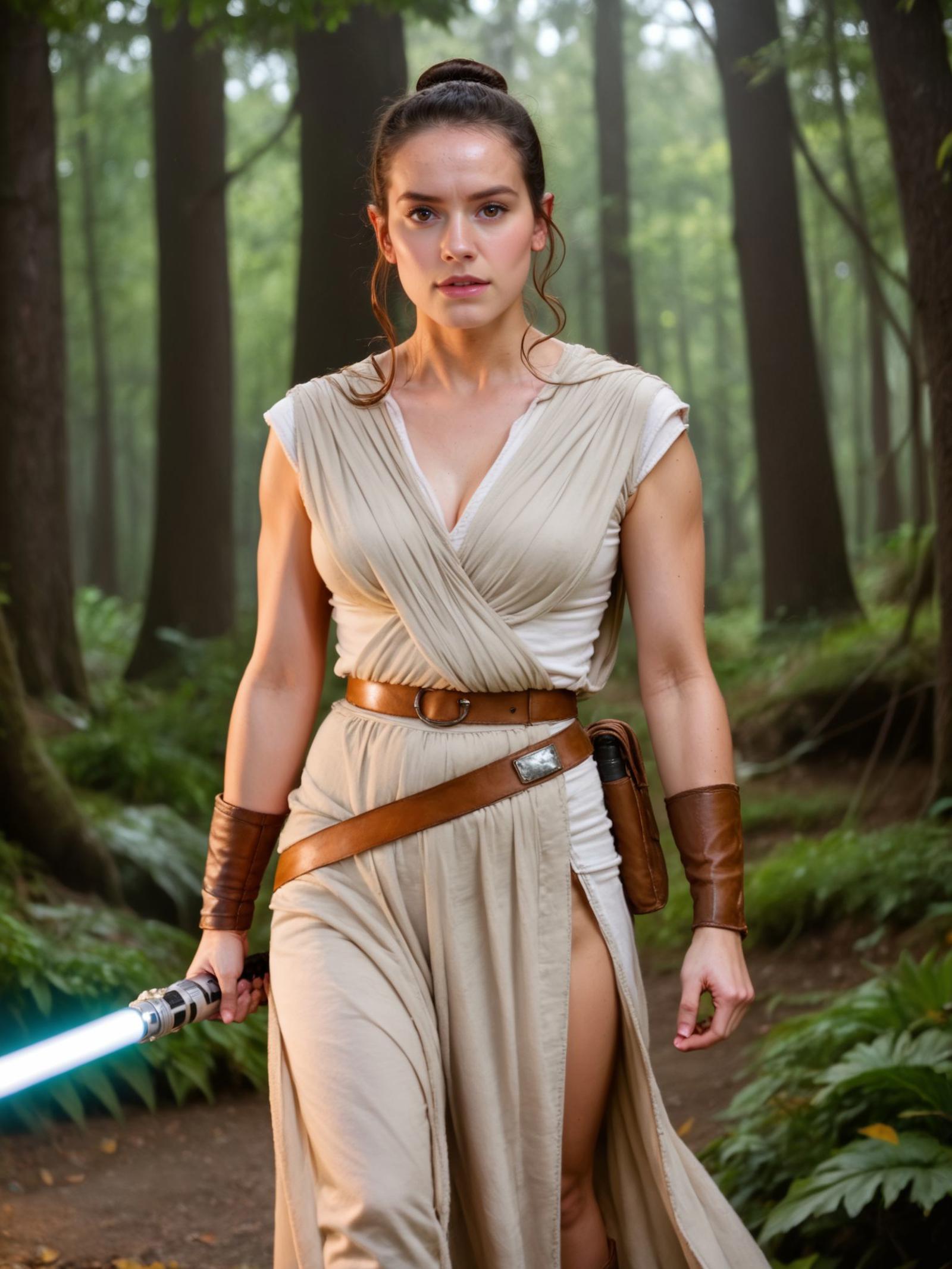 A woman in a dress with a sword in the woods - SeaArt AI
