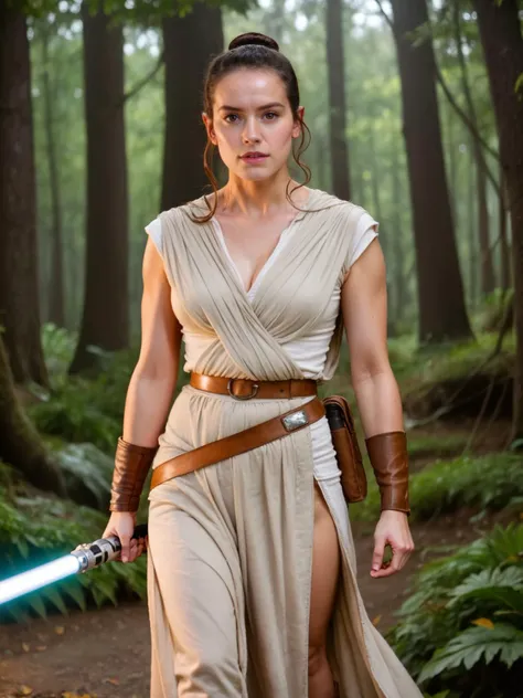 score_9, score_8_up, score_7_up, rating_explicit, detailed raw photo, realistic, photorealistic, hdr, (masterpiece), realistic lights and shadows, (best quality), 1girl, sexy, (bonnie jedi) female hispanic, brown eyes, medium skin, long flowing hair,, wearing a ornate Jedi robe,simple cloth belt,worn-out Jedi boots, utility belt with pouches,leather bracers, holding a lightsaber with green blade, set in a rugged forest, with steep hills and rocky terrain, where the air is filled with the sounds of birds and the rustling of leaves, in a battle, rey, <lora:ReyXL:1>