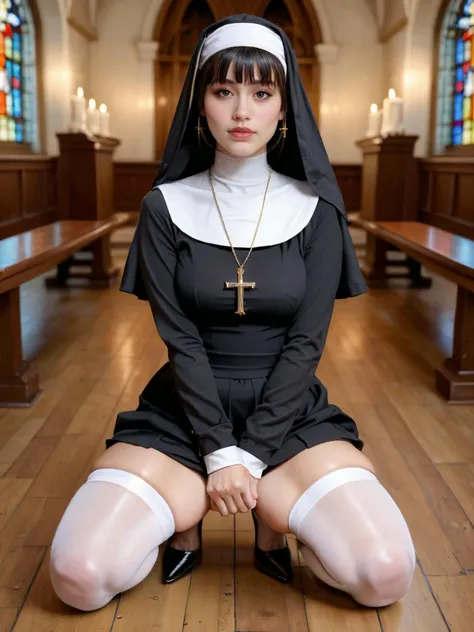 score_9, score_8_up, score_7_up, rating_explicit, detailed raw photo, realistic, photorealistic, hdr, (masterpiece), realistic lights and shadows, (best quality), 1girl, sexy, (sexy young woman:1.1) nun korean with black hime cut hair, dark brown eyes, pale skin, curvy, wearing rose pink  habit with a veil and long-sleeves, mini skirt, white stockings, traditional nun's coif, black heels, crucifix necklace .set in church Narthex, Welcoming entrance with polished wooden floors, a towering crucifix, flickering candles on a brass stand, wooden benches for quiet reflection, and a display of religious literature .