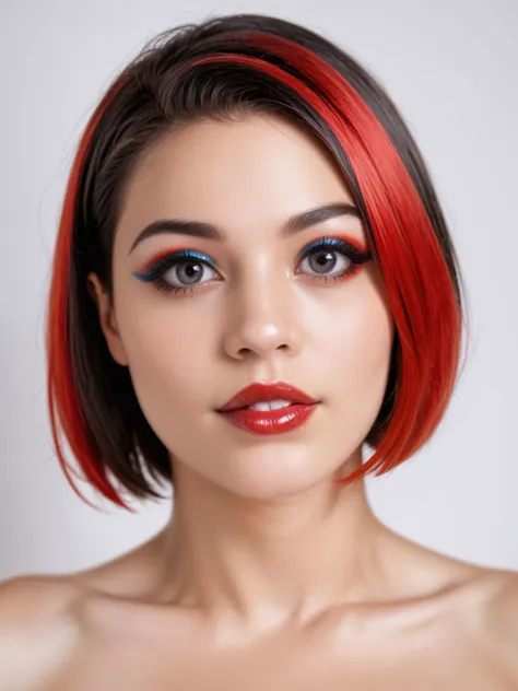 detailed raw photo, realistic, photorealistic, Epic realism, masterpiece, 1girl, solo, portrait, looking at viewer, white background, bob cut, short hair, multicolored hair, makeup, parted lips, red lips, eyeliner, finely details, ultra detailed