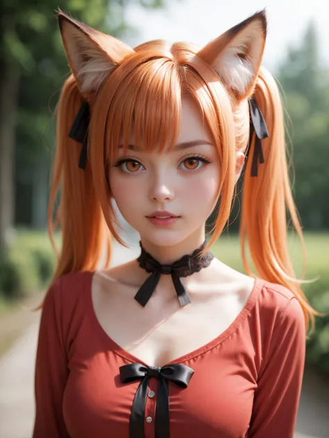 score_9, score_8_up, 1girl, animal ears, solo, twintails, animal ear fluff, looking at viewer, outdoors, upper body, fox ears, orange hair, blurry background, blurry, parted lips, blush, orange eyes, ribbon, shirt, neck ribbon, depth of field, fox girl, collarbone, day, red shirt, frills