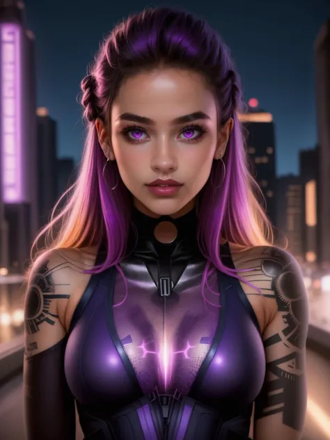 score_9, score_8_up, score_7_up, rating_explicit, detailed raw photo, realistic, photorealistic, 1girl, reyna \(valorant\), bodysuit, sexy, multicolored hair, (purple eyes), dark skin, tattoo, impressive look, detailed face and skin, night, city, cyberpunk, sharp focus, blurry background, heroic pose, highly detailed, ray tracing, movie scene,cinematic lighting, hdr, dslr, hyperrealism <lora:reyna_valorant_xl:1>