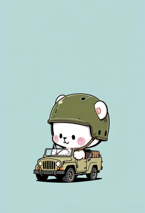 score_9, score_8_up, score_7_up, score_6_up, score_5_up, score_4_up, zPDXL, <lora:Character_Milk_and_Mocha:1>, cute, chibi, milk (white bear), a jeep, post apocalypse , WW2, m1-helmet