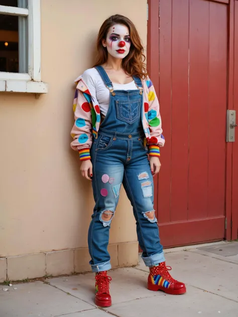 score_9, score_8_up, score_7_up, rating_explicit, detailed raw photo, realistic, photorealistic, hdr, (masterpiece), realistic lights and shadows, (best quality), 1girl, sexy, (desirable clown) young woman, red plastic nose, white face paint, straight hair, wearing a rainbow-colored patchwork jacket,patchwork overalls,polka-dot shoes, big red nose,polka-dot suspenders, glitter makeup, set in circus, Clown's Hideaway, Whimsical corner with oversized bean bag chairs in bright colors, a collection of rubber chickens and squeaky toys piled in a basket, a mini trampoline against one wall, a unicycle propped in the corner, a colorful juggling set on display