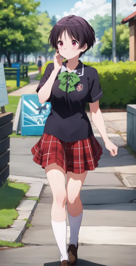 masterpiece, best quality, highres, BREAK
,full-face blush,, , insert shot, ,looking away, collarbone,BREAK, 
<lora:kumin:0.8>, kumin tsuyuri, school uniform, short sleeves, plaid skirt
,